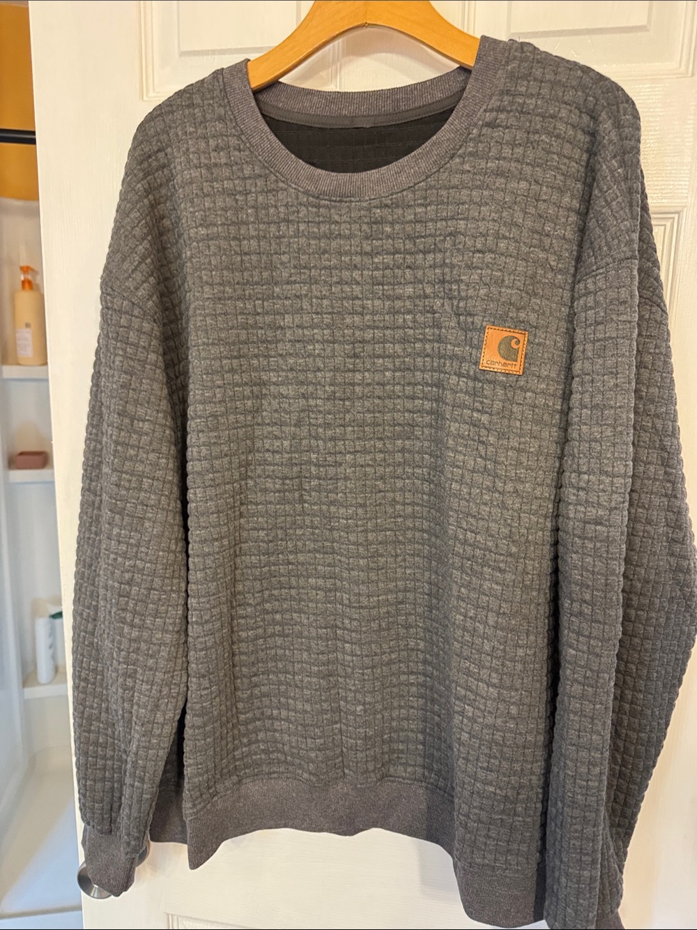 Carhartt Men's Charcoal Waffle-Knit Crewneck with Tan Logo Patch